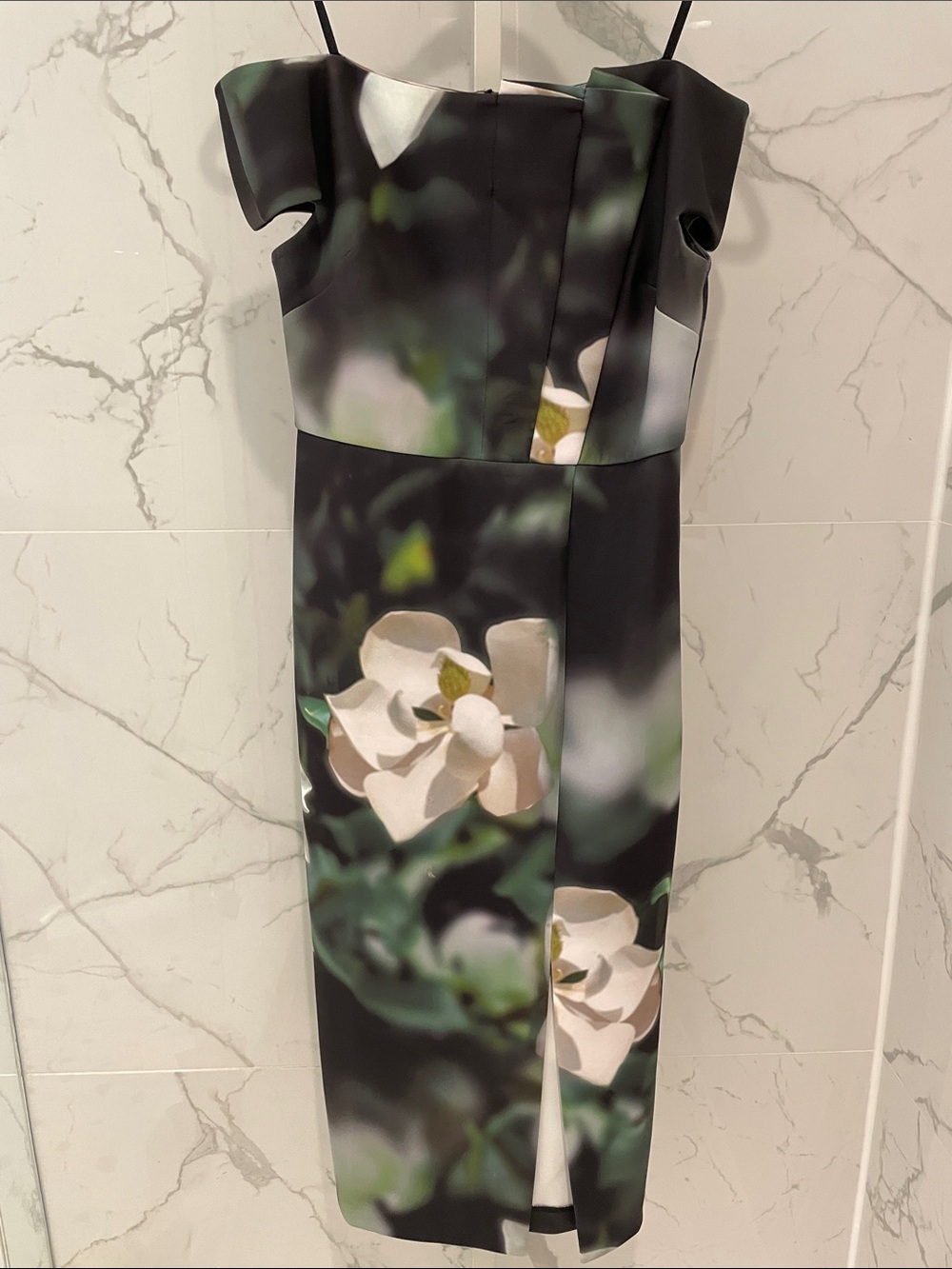 Ted Baker off the shoulder Floral Black Midi Dress, size 2